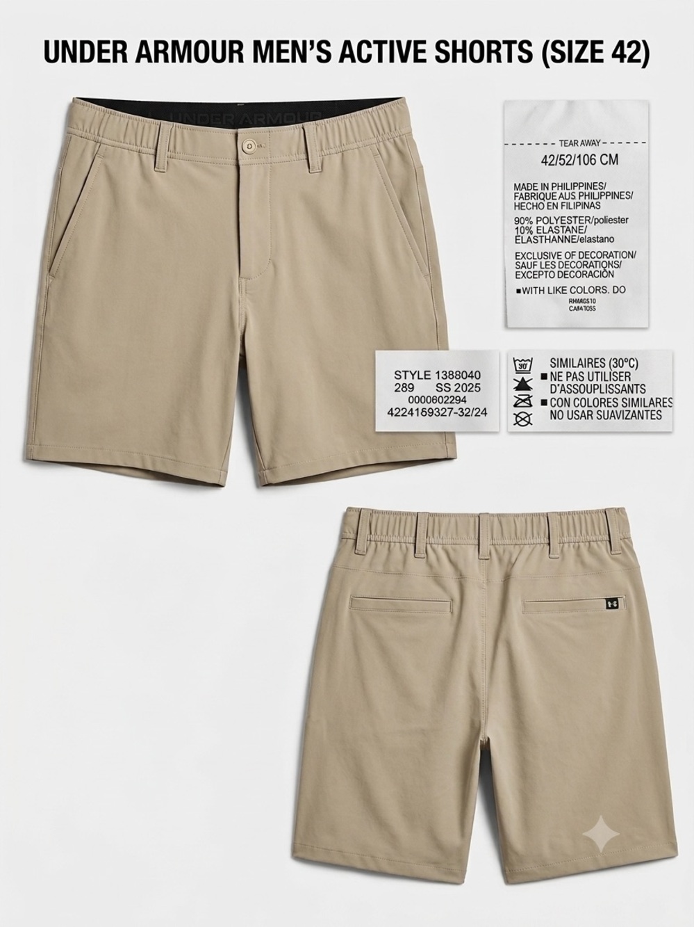 Under Armour UA Drive Men's Golf Shorts Khaki Beige 42 Elastic Waist Comfort